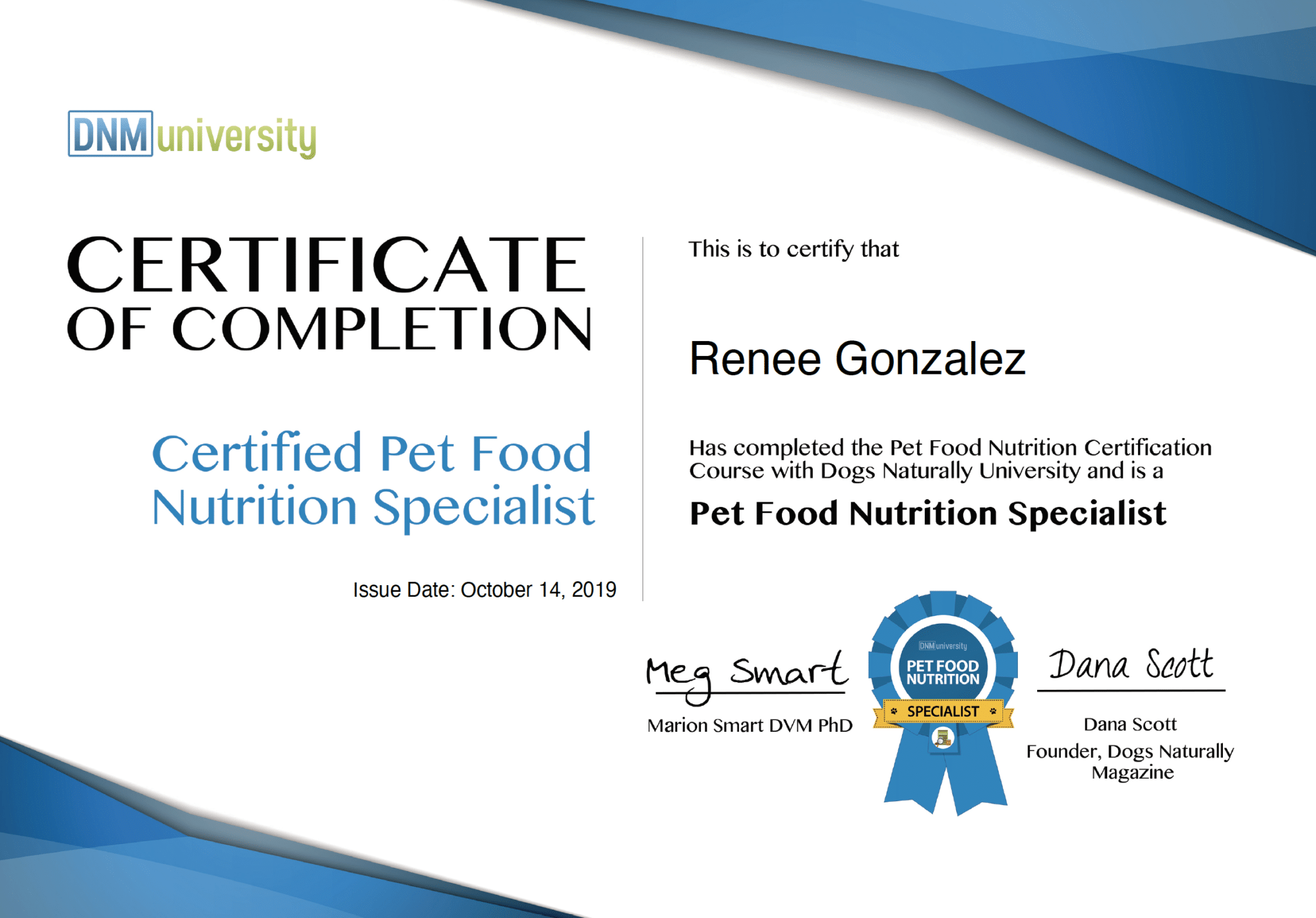 Certified Pet Food Nutrition Specialist Certificate - Ranee